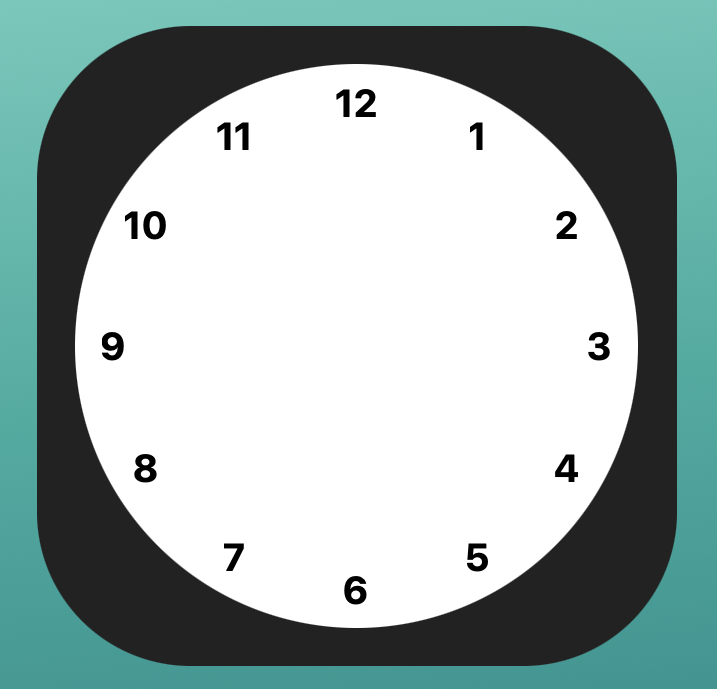 Um mostrador de relógio branco com números sobre um fundo cinza escuro. O relógio não tem braços.