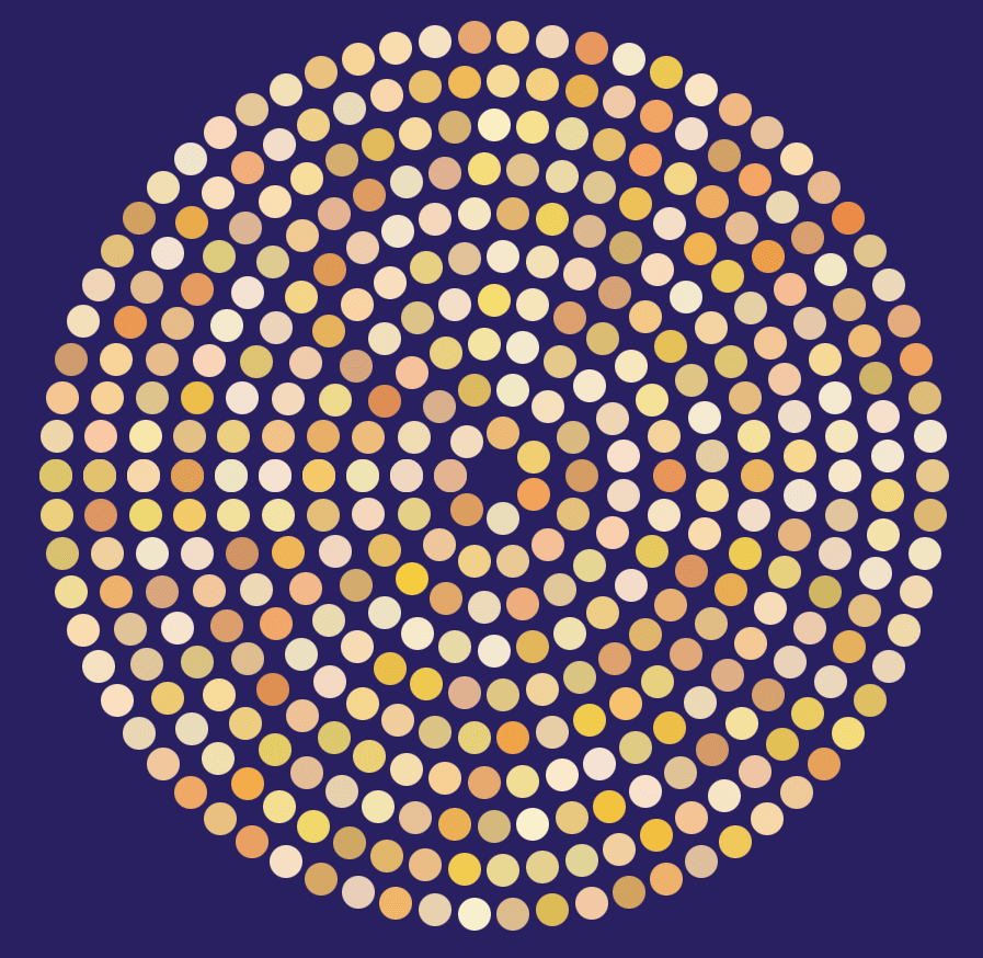 En stor sirkel dannet seg av en haug med mindre fylte sirkler i forskjellige jordfarger.