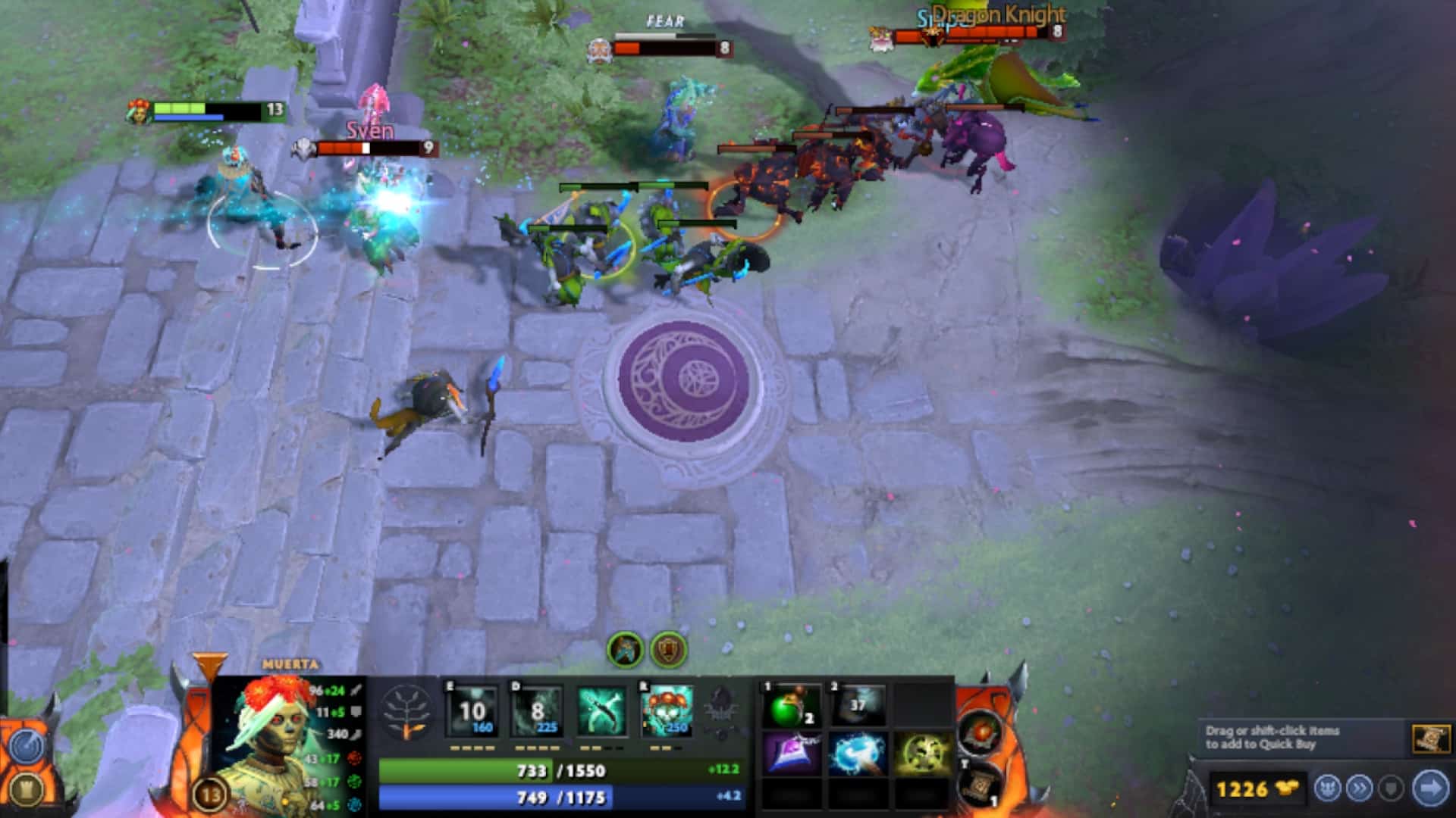 Muerta purchases a Maelstrom to defend her towers in Dota 2