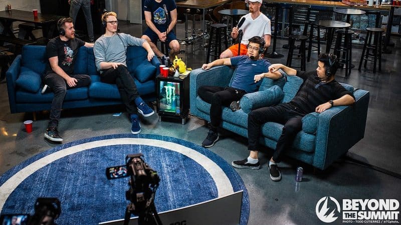 A group of Dota 2 broadcast talent sits together in armchairs during a broadcast for Beyond the Summit