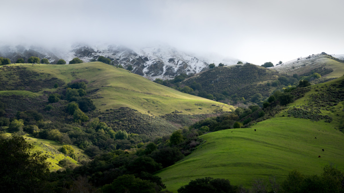 Panoramic view of rare snow fall in the hills of the East Bay 