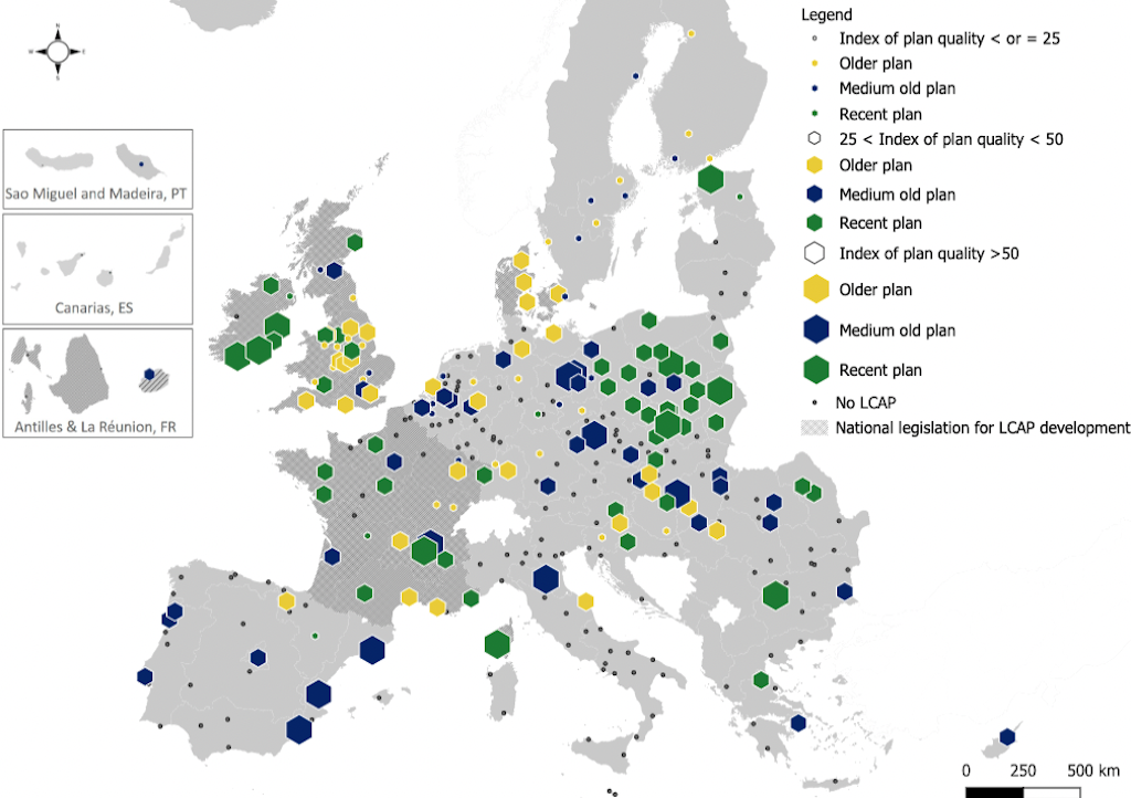 Map of European cities with urban climate adaptation plans and their quality score.