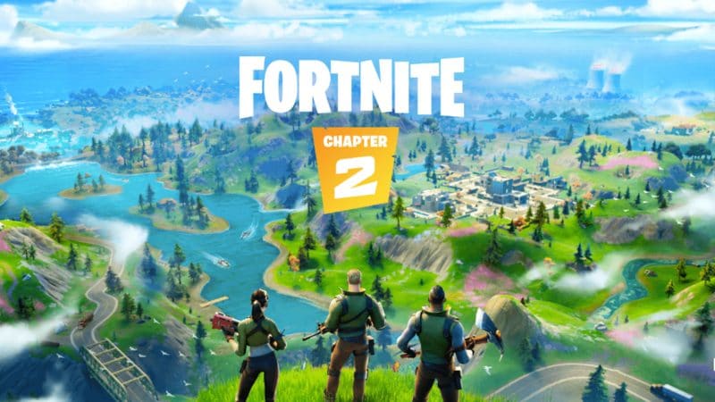 Three Fortnite characters stand on a mountainside overlooking a river and forest with the words "Fortnite Chapter 2" above them.