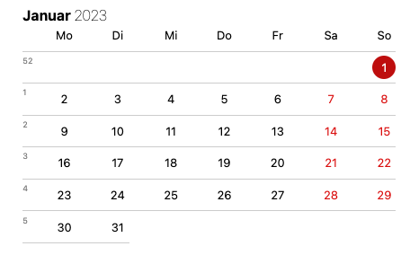 Календарная сетка на январь 2023 года.