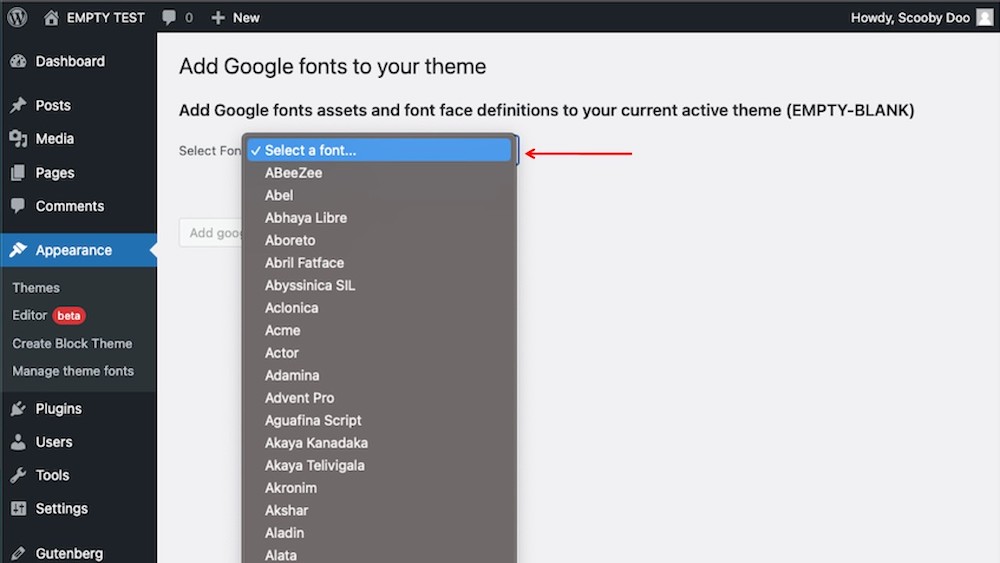 Aggiungi Google Fonts alla schermata del tema con il menu Seleziona carattere aperto che mostra un elenco di caratteri disponibili.