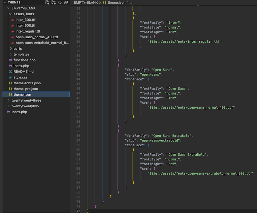 Код VS, показывающий файлы шрифтов и ссылки в файле theme.json на шрифт.