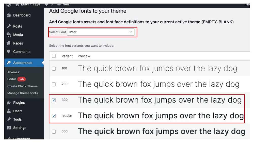 Legg til Google Fonts på temaskjermen din med Inter valgt og skriv inn eksempler under den av de forskjellige vektvariasjonene.