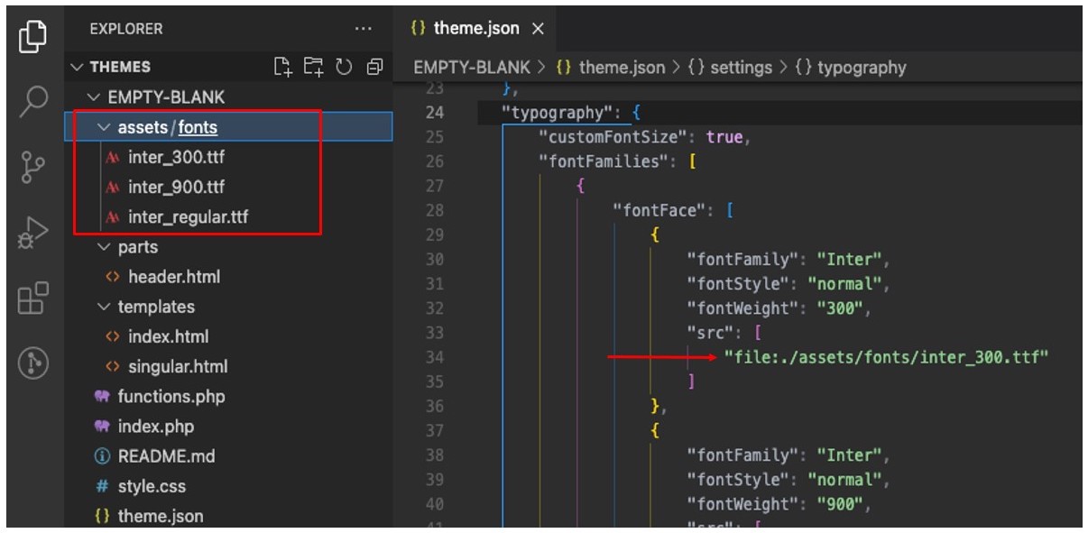 Проводник файлов VS Code слева показывает файлы шрифтов Inter; theme.json справа показывает отсылки Inter.