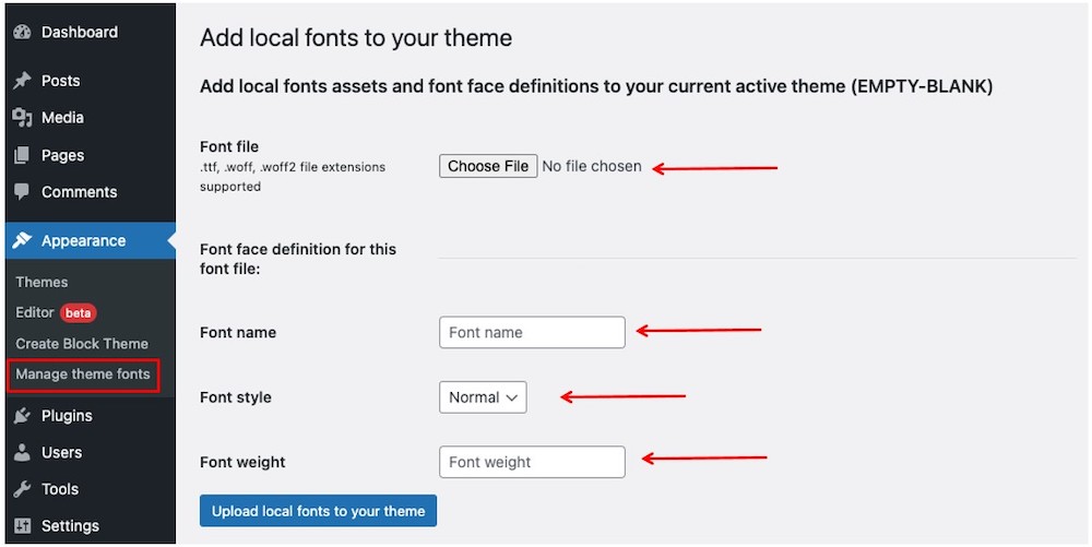 Aggiungi font locali alla schermata del tema con le opzioni per caricare un file di font e impostarne il nome, lo stile e il peso.