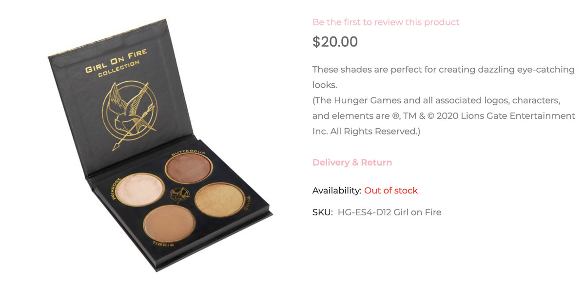 Product listing for the LASplash “The Hunger Games: The Exhibition Girl on Fire The Classic Eyeshadow Palette.”