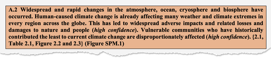 The A2 headline statement from the SPM that authors “spent hours crafting” to reflect vulnerability and impacts on human and natural systems. IPCC (2023) SPM p5