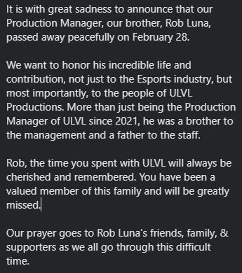 MLBB 커뮤니티는 Rob Luna의 죽음을 애도합니다.