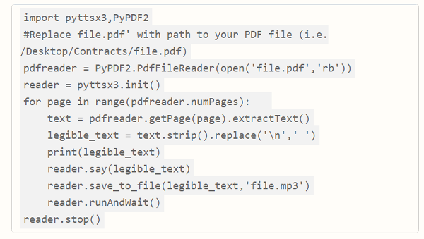 Code snippet for converting PDF to Audio file