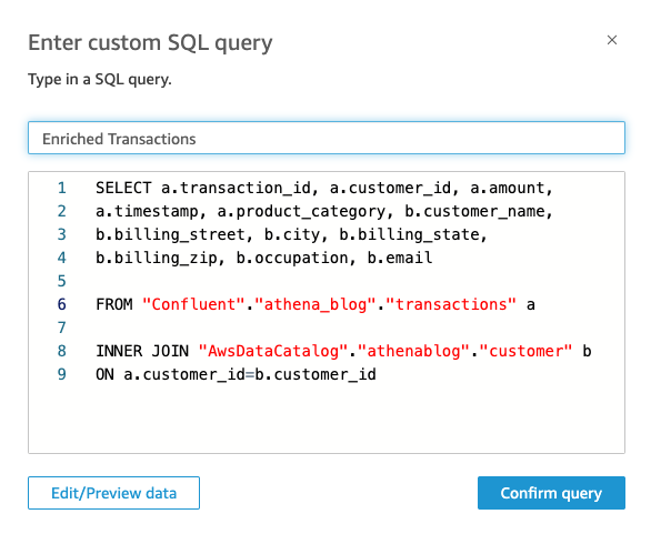 Enter the join query like the one given previously, then choose Confirm query.
