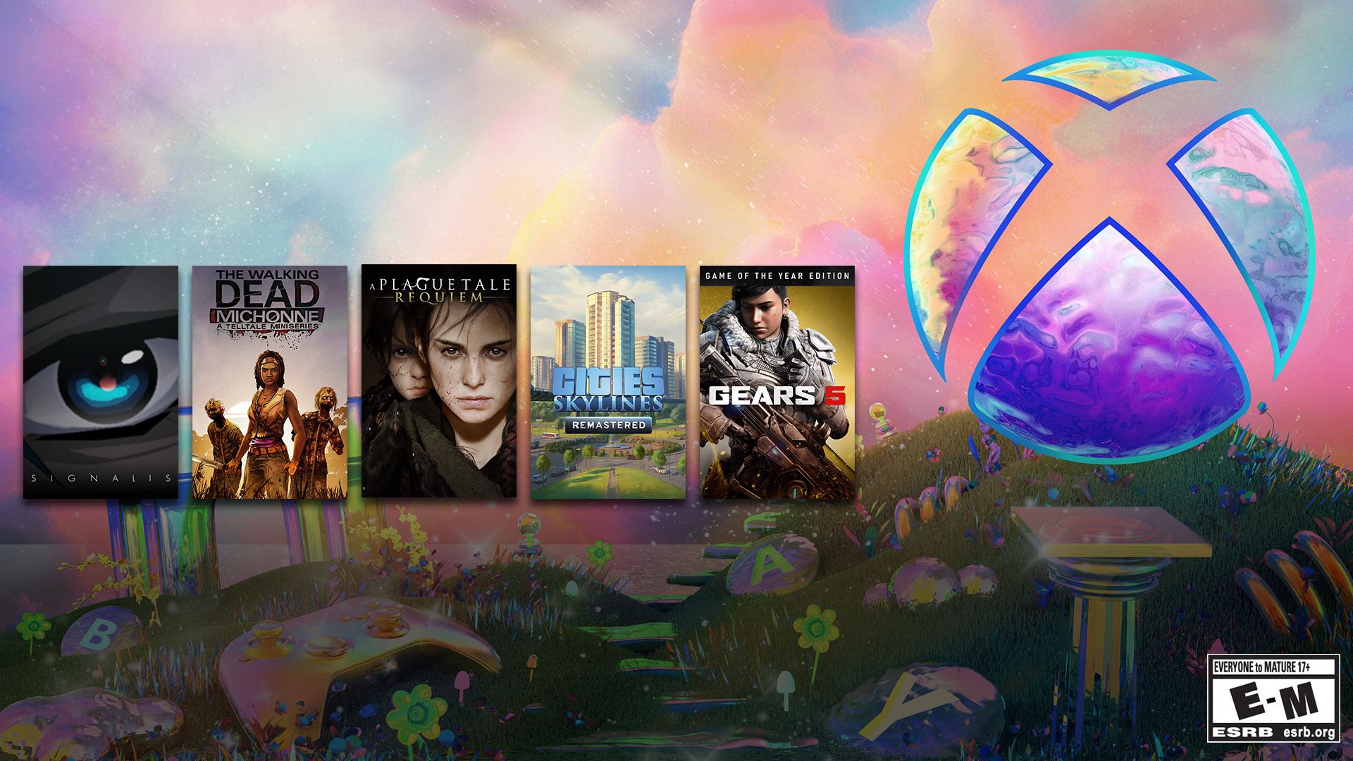 Összeállítás a Signalishoz, a The Walking Dead: Michonne-hoz, a Plague Tale: Requiemhez, a Cities: Skylines Remasteredhez és a Gears 5-höz egy varázslatos, pasztell tájon, ahol dombok, a tenger, valamint a lila és a napfény tükröződik. rózsaszín felhők az ég színét tükröző Xbox gömbbel.