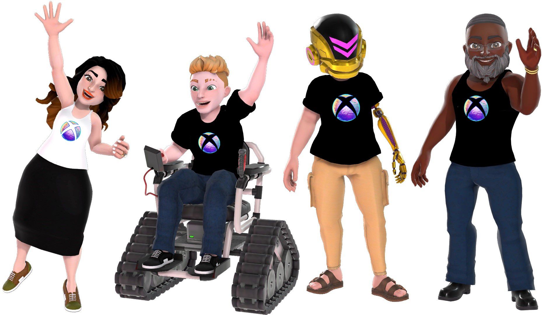 Четыре персонажа-аватара с измененным дизайном логотипа Международного женского дня Xbox на верхней части, на котором изображена сфера Xbox с фиолетовым, розовым, желтым и зеленым цветом и мечтательной текстурой, похожей на воду.