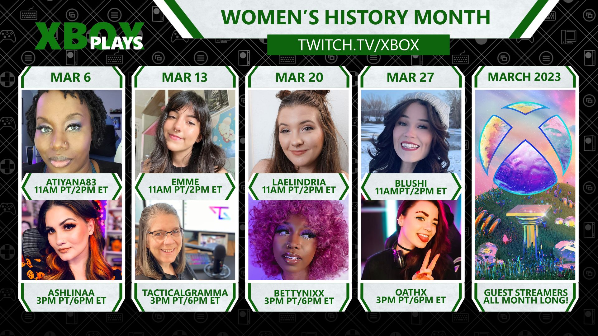 Egy összeállítás, amelyen nyolc női játékos szerepel az Xbox Plays for Women's History Month oldalán a twitch.tv/xbox oldalon.