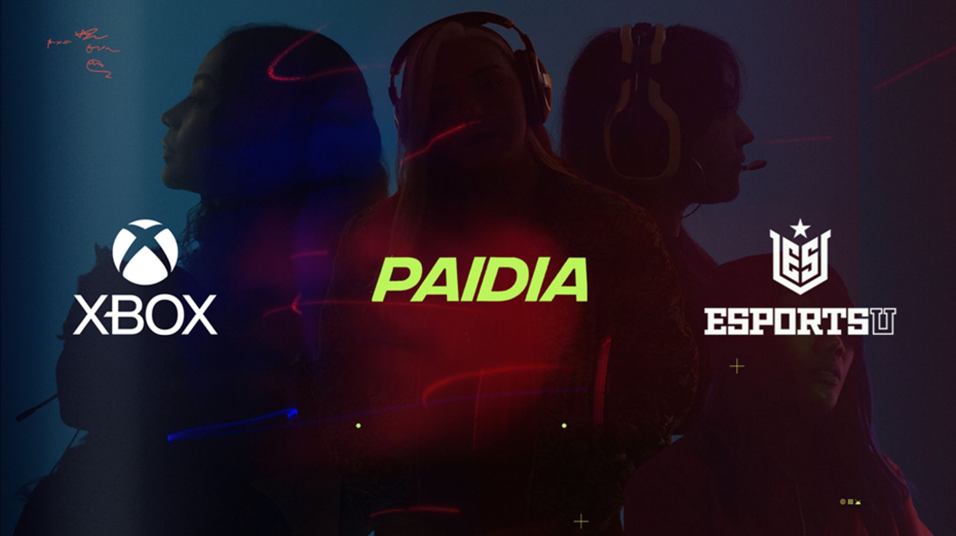 Os logotipos do Xbox, Paidia e EsportsU sobre a imagem de cinco jogadoras, significando parceria para capacitar e ampliar as oportunidades para as mulheres nos jogos.
