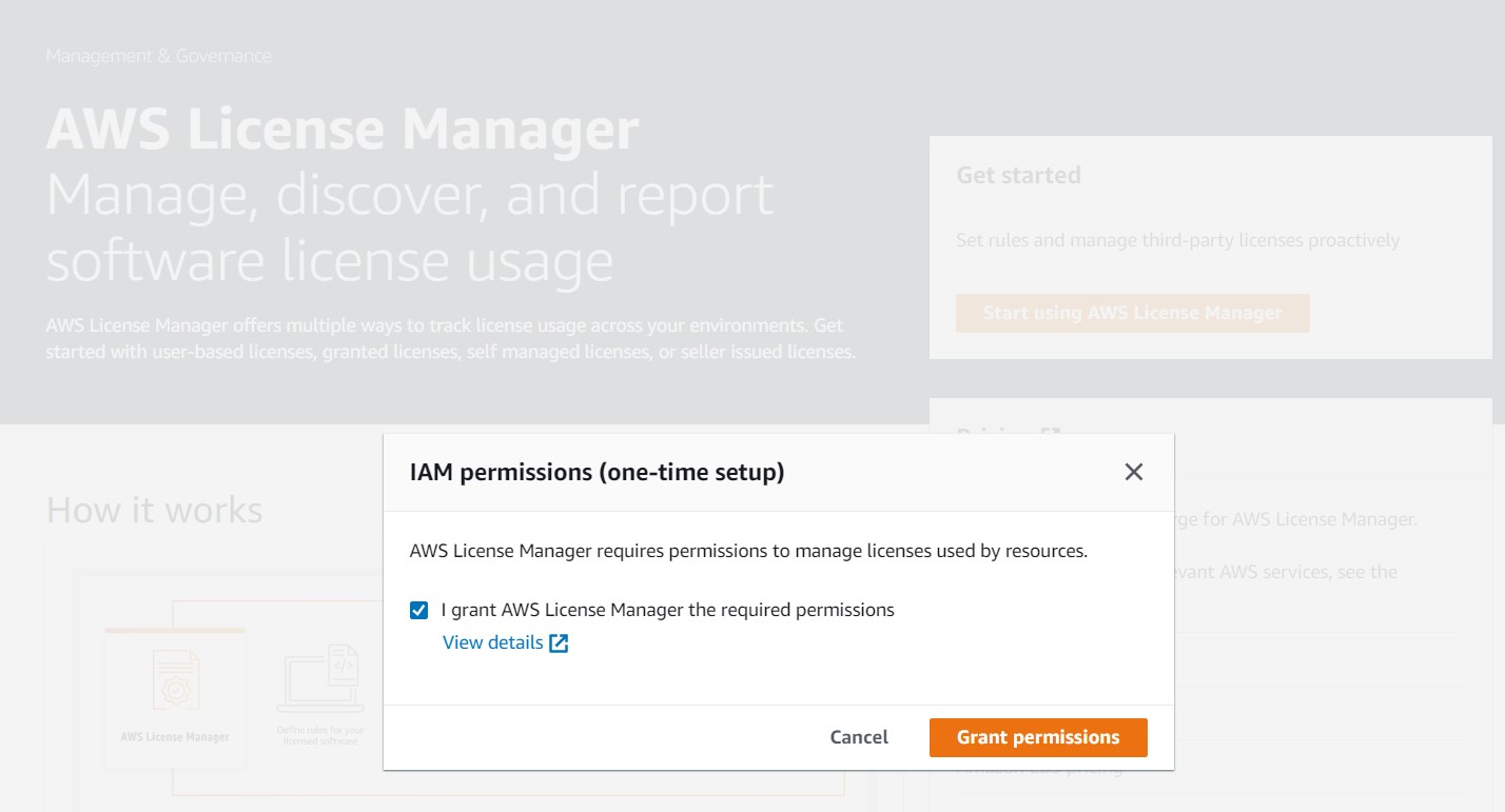 Fig 5: AWS License Manager one-time setup page for IAM Permissions