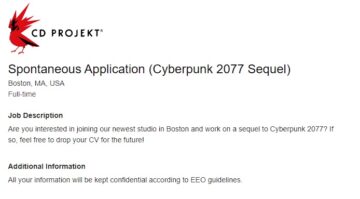 Lista de locuri de muncă pentru continuarea Cyberpunk 2077 postată de CD Projekt Red