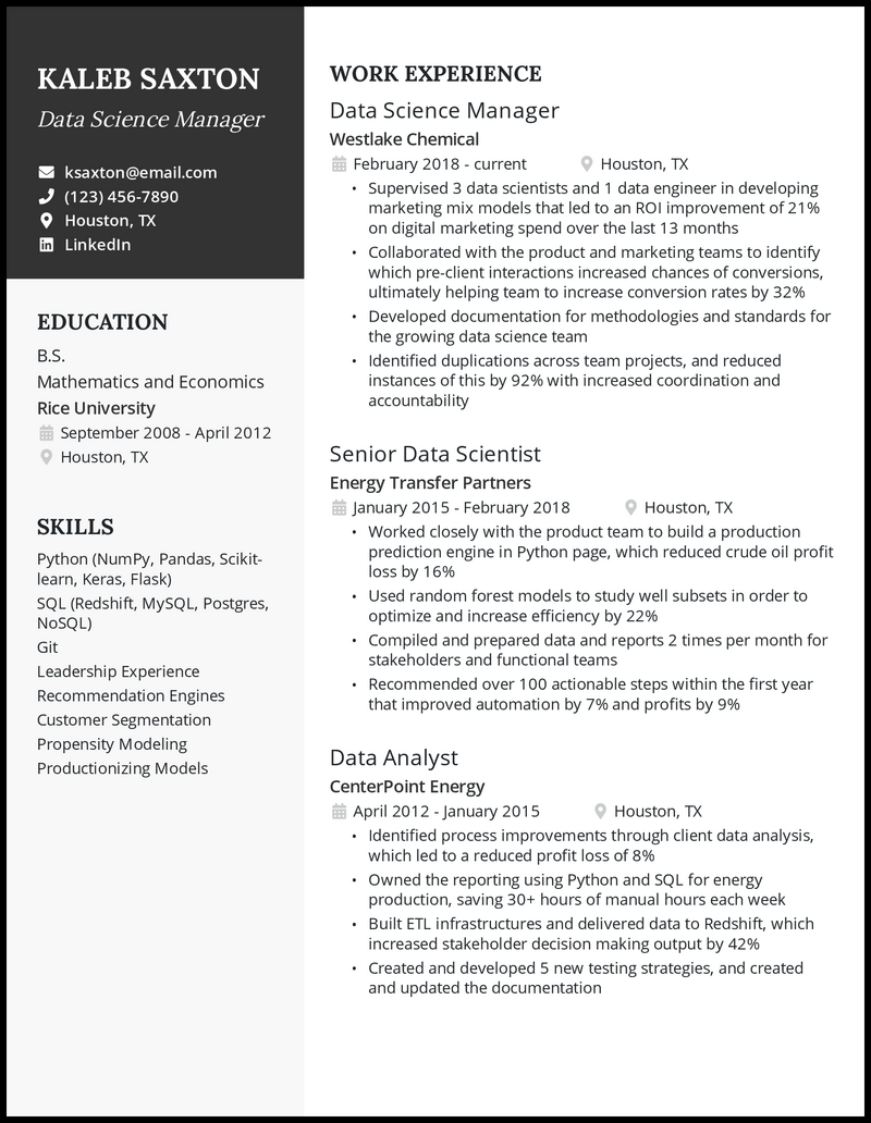 Data Science Manager Resume