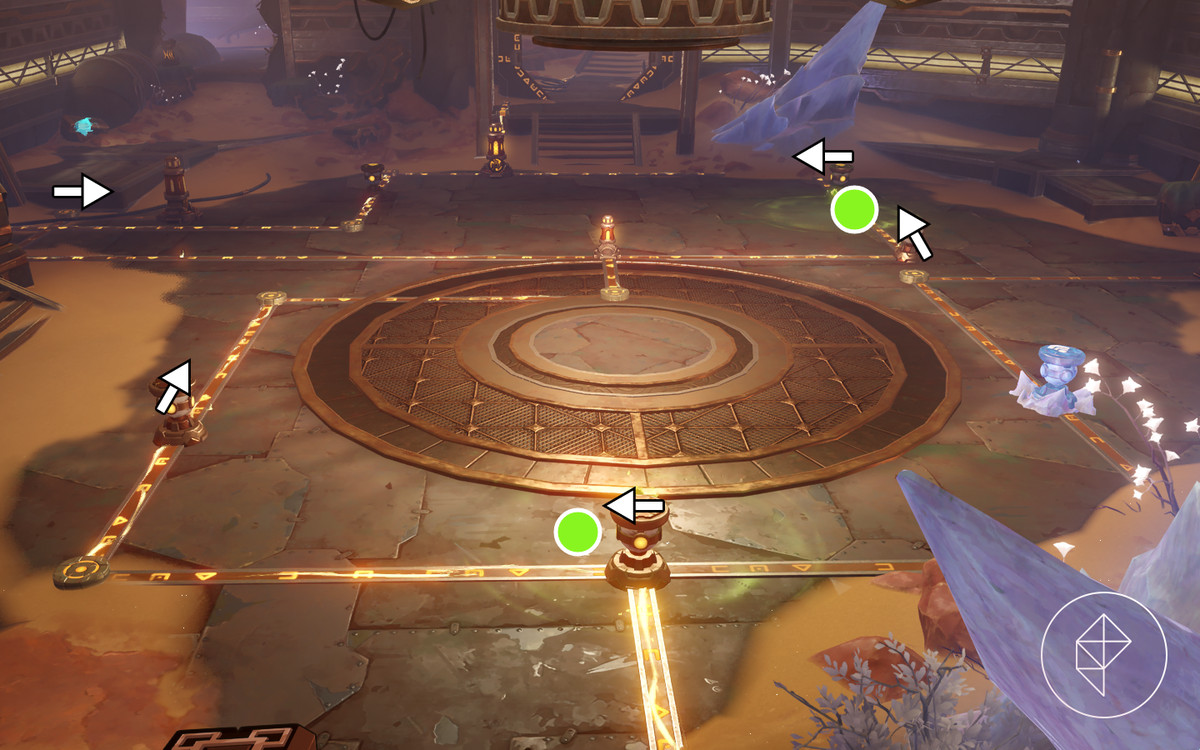 As the Khvarena’s Light Shows: Nirodha puzzle solution indicated by arrows showing where you should turn the dials and green orbs showing where to place the Farrwicks in Genshin Impact.