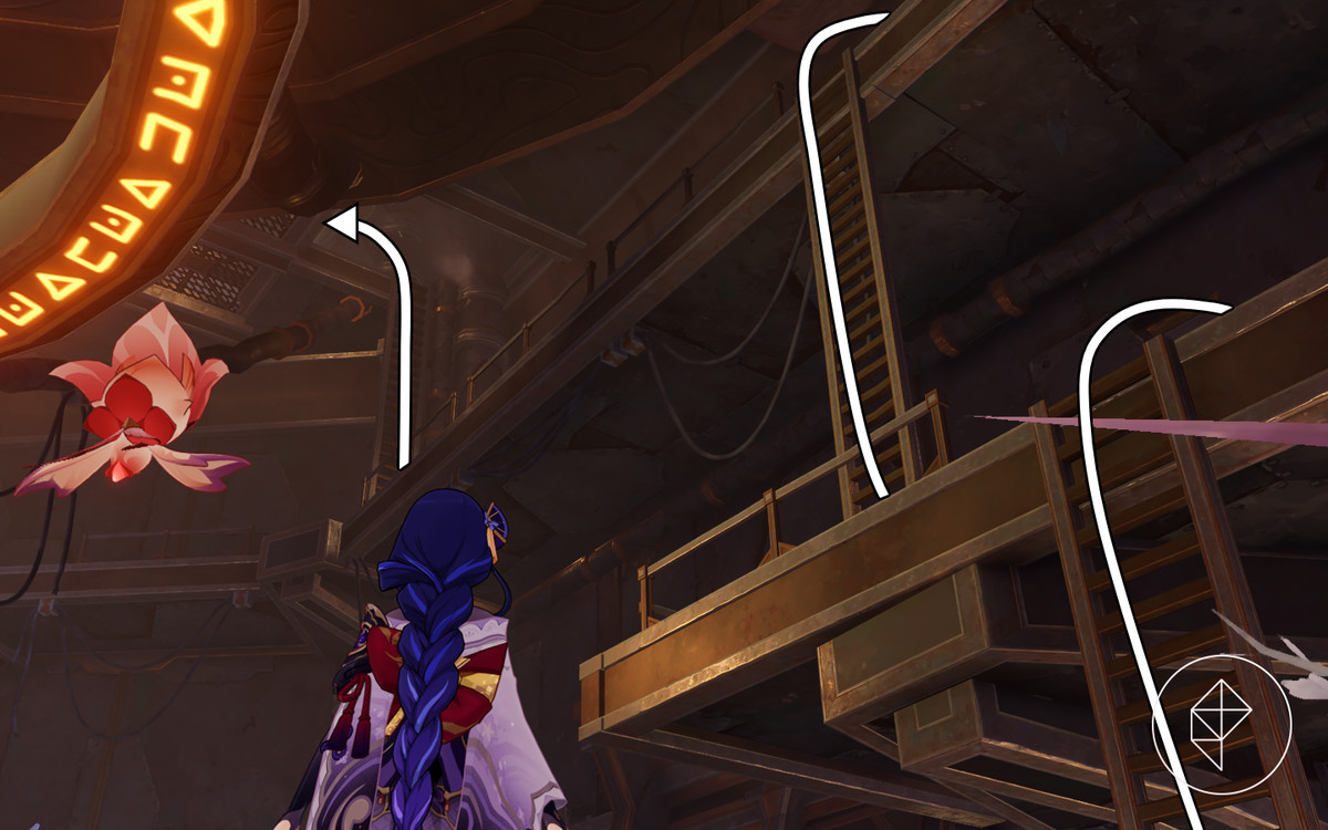 Raiden standing in front of some ladders during the As the Khvarena’s Light Show world quest in Genshin Impact
