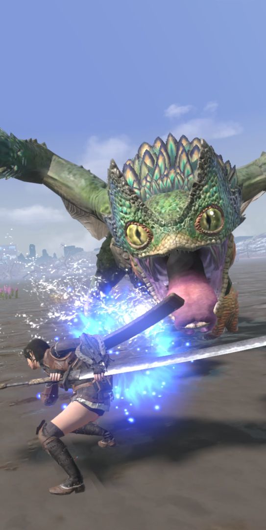 A human player readies to strike a Pukei-Pukei in a swampy environment in a screenshot from Monster Hunter Now