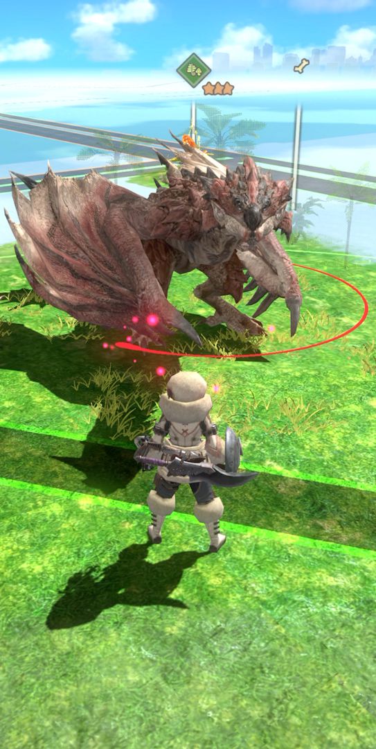 A human player encounters a Rathalos on the world map in a screenshot from Monster Hunter Now