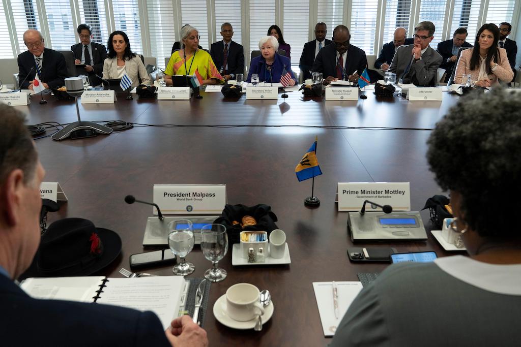 Treasury Secretary Janet Yellen speaks at a Multilateral Development Bank (MDB) Evolution Roundtable during the World Bank/IMF Spring Meetings at the International Monetary Fund (IMF) headquarters in Washington on 12 April 2023.