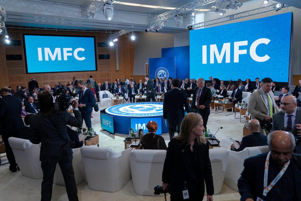 Finance ministers arrive for the plenary of the International Monetary and Financial Committee (IMFC) meeting, during the World Bank/IMF Spring Meetings at the International Monetary Fund (IMF) headquarters in Washington on 14 April 2023. 