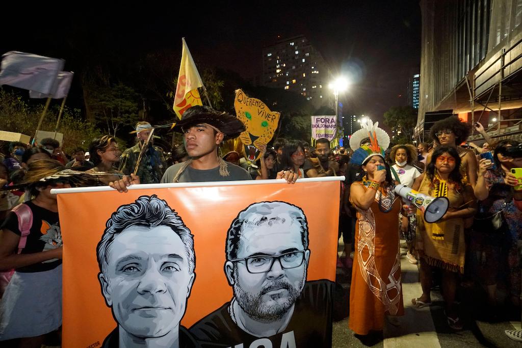 Indigenous groups protest in Sao Paulo, Brazil for their land rights and condemn the killings of Dom Phillips and Bruno Pereira.