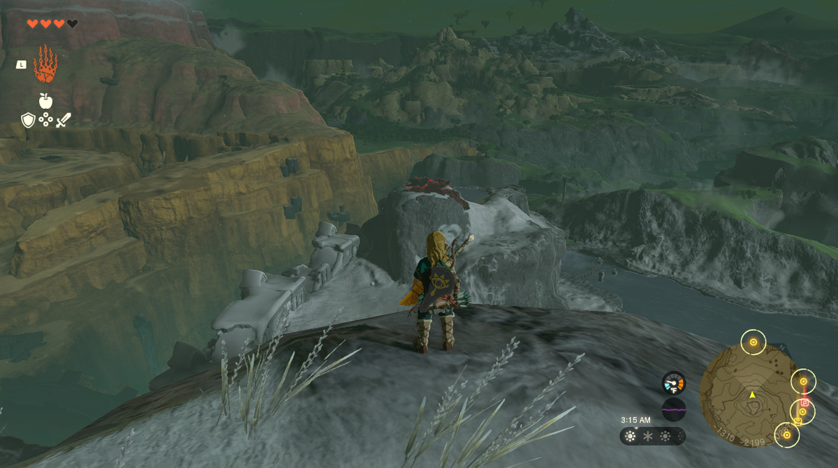 Link scales a snowy mountain during A Call From the Depths in Zelda Tears of the Kingdom.