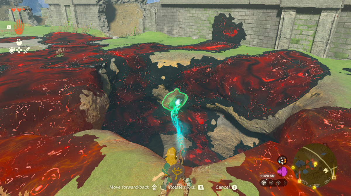 Link drops a goddess eye in a chasm to the Depths in Zelda Tears of the Kingdom.