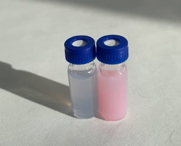 Reaction vial with copper solution (left) und copper solution with Supformin (right)