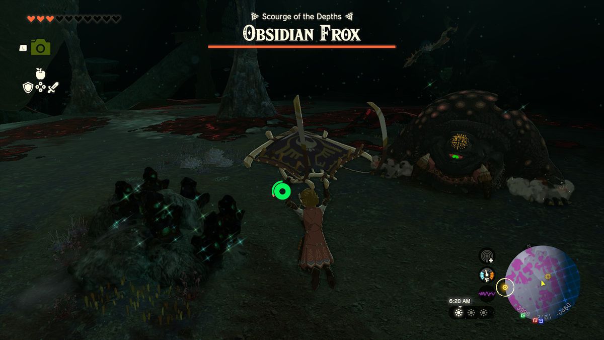 Link lands after diving through the East Akkala Plains Chasm and is greeted by an Obsidian Frox in Zelda: Tears of the Kingdom