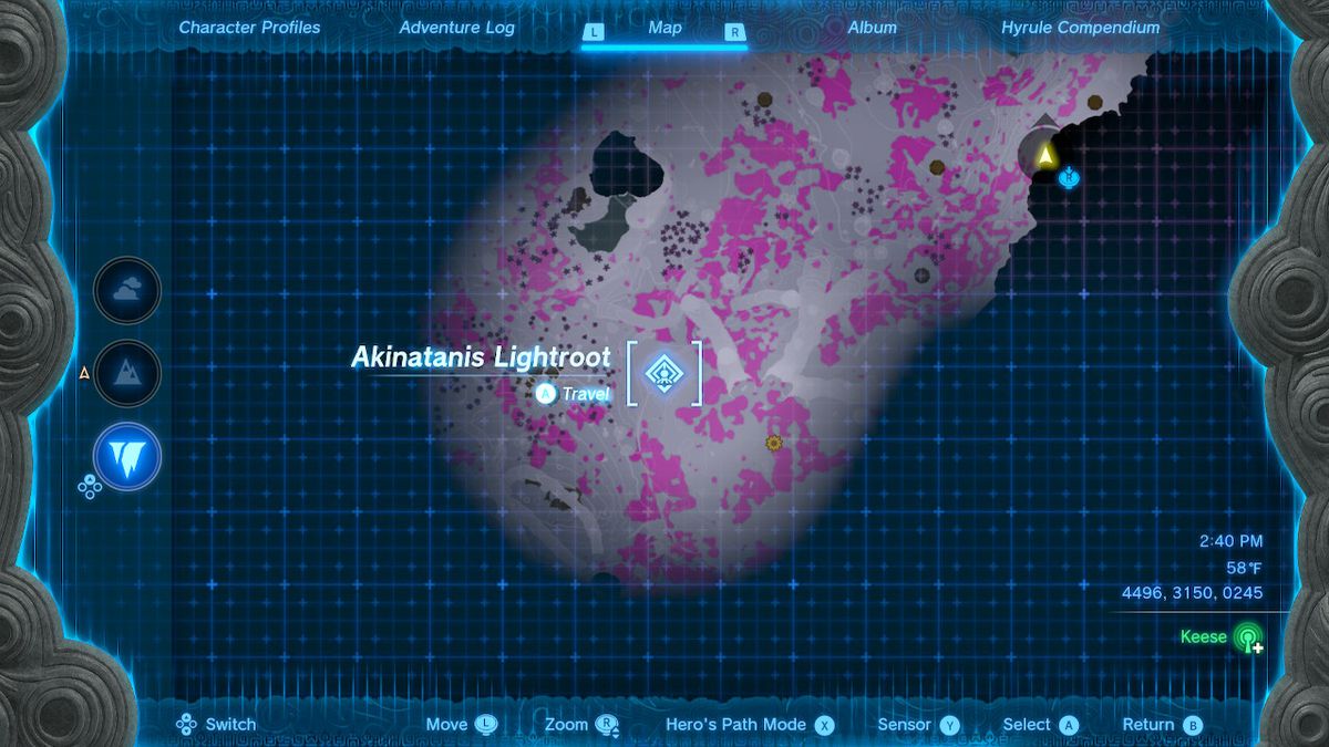 A screenshot of the map location of the Akinatanis Lightroot in the Depths in Zelda: Tears of the Kingdom