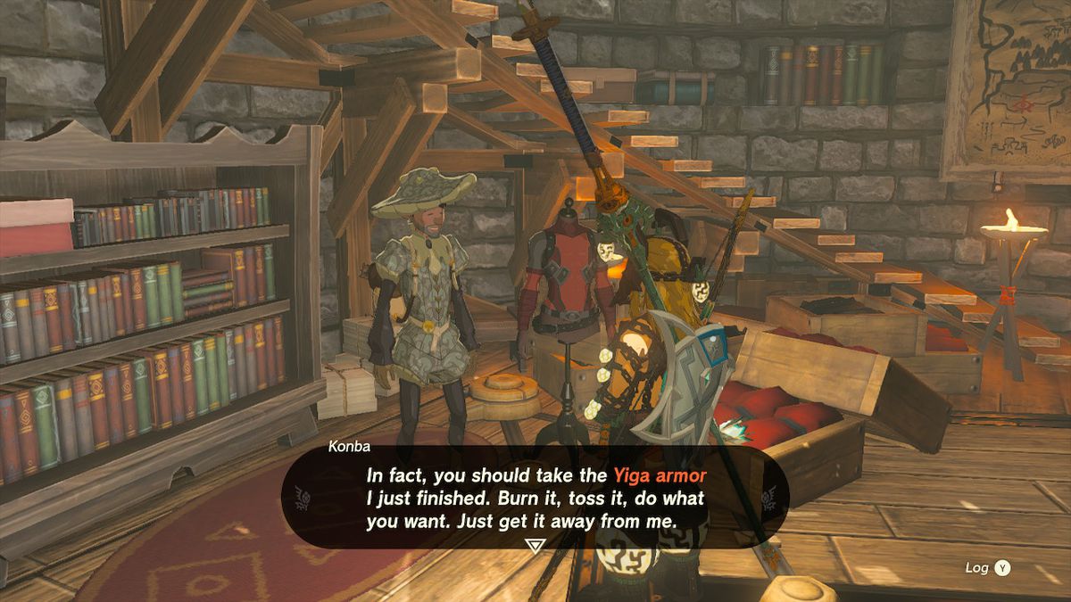 Konba, a tailor, offers Link the Yiga armor in Zelda: Tears of the Kingdom