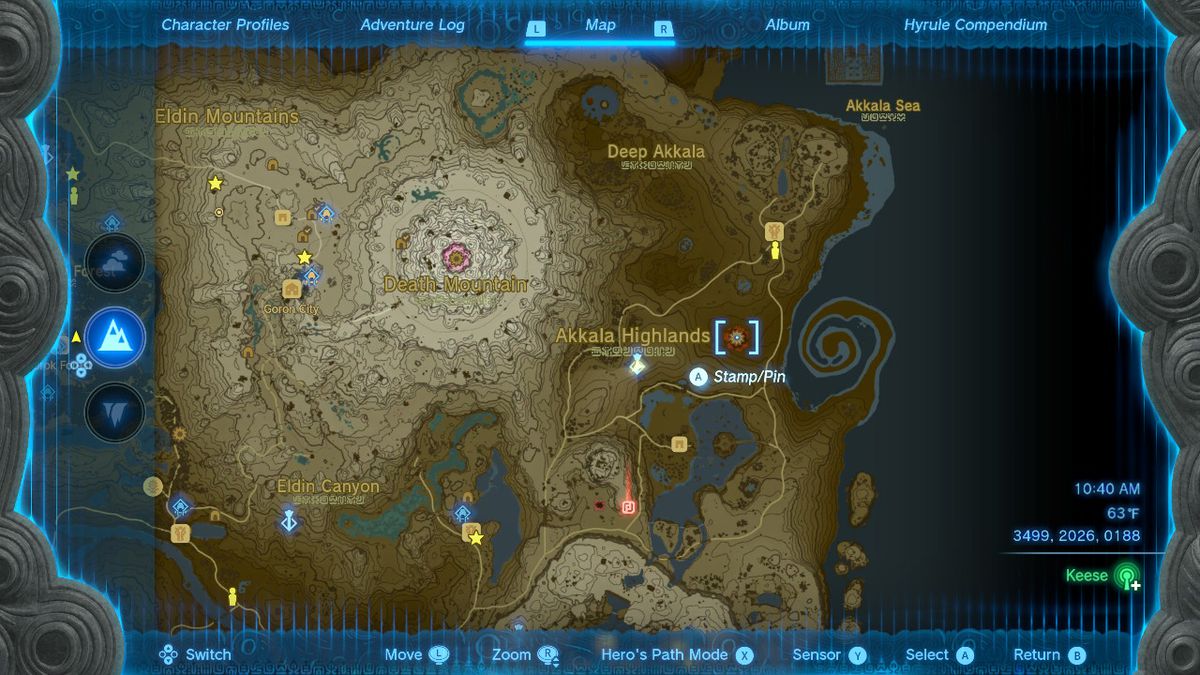 A screenshot of the map location of the East Akkala Plains Chasm in Zelda: Tears of the Kingdom