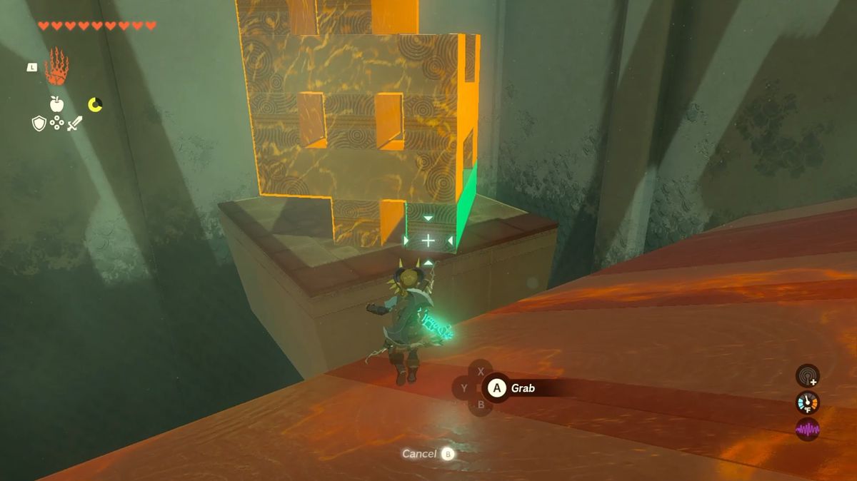 Link uses Ultrand to pull a block from the bottom of a tower in Zelda: Tears of the Kingdom