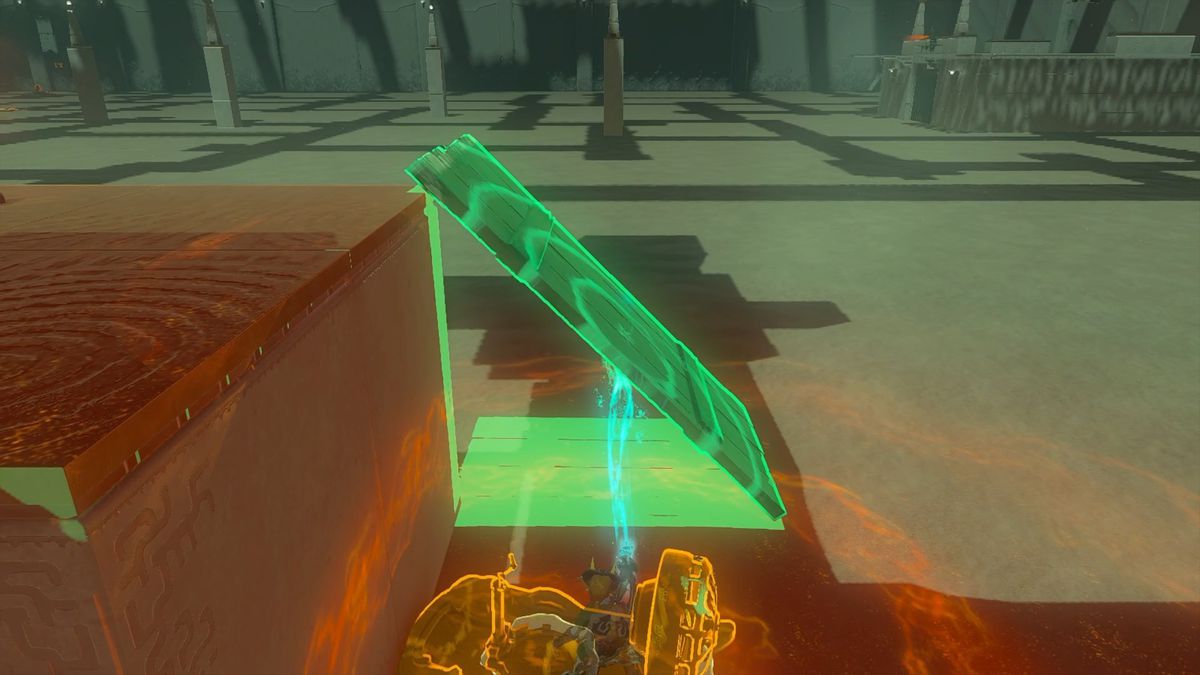 Link using Ultrahand to lean a wooden plank against a platform in the Kudanisar Shrine in The Legend of Zelda: Tears of the Kingdom.