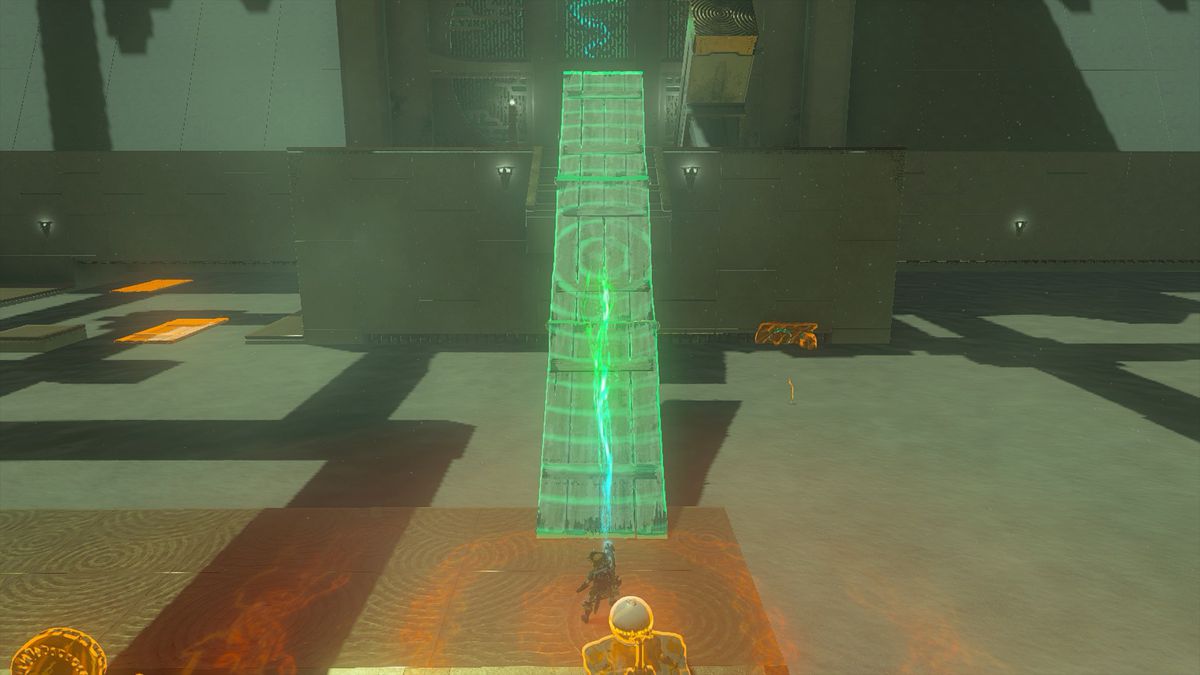 Link creating a bridge using three wooden planks in the Kudanisar Shrine in The Legend of Zelda: Tears of the Kingdom.