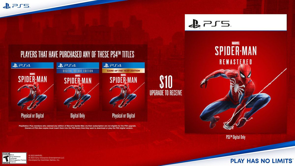 A screenshot showing that owners of Marvel’s Spider-Man for PS4 are entitled to a PS5 remaster upgrade for $10.