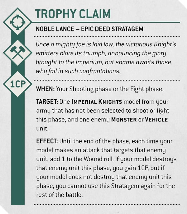 Warhammer 40k Imperial Knights Faction Focus Trophy Claim Stratagem