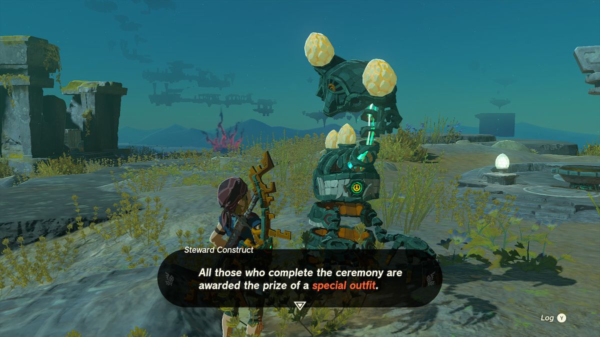 A Steward Construct tells link about a special outfit obtained as a prize for completing the dive challenge in Zelda: Tears of the Kingdom