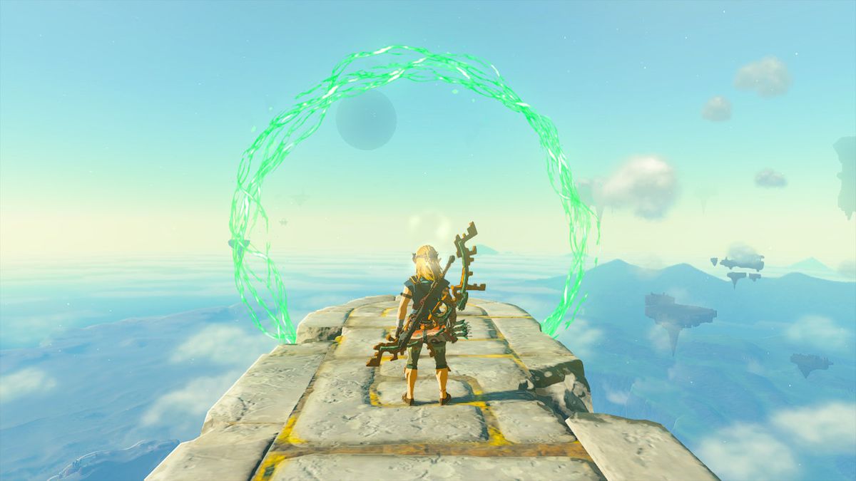 Link stands before one of the green rings of the skydive challenge in Zelda: Tears of the Kingdom