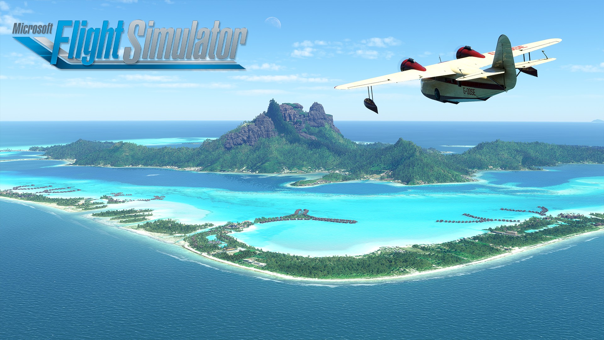 Et fly flyr over Bora Bora i gameplay fra Microsoft Flight Simulator.