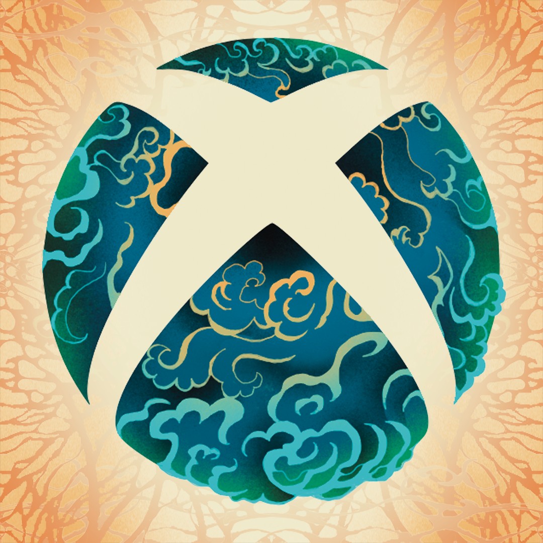 Stilisert Xbox-logo til feiring av Asian and Pacific Islander Heritage Month med en kule med blått vann og en bakgrunn med blå og oransje abstrakte strukturer med et rotlignende utseende.