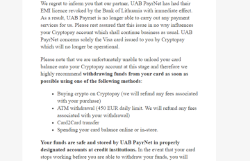 Cryptopay EU-kaartaanbieder verliest licentie, bedrijf zegt dat kaartgelden veilig zijn
