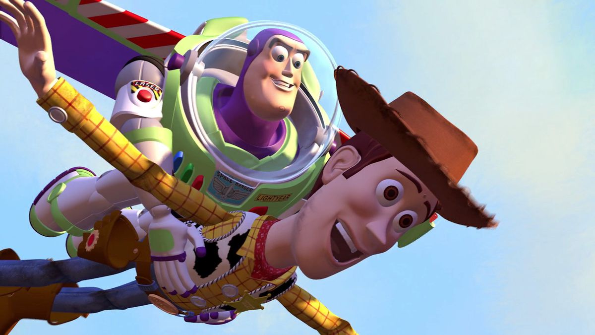 Buzz (Tim Allen) flies with Woody (Tom Hanks) above a Pixar blue sky